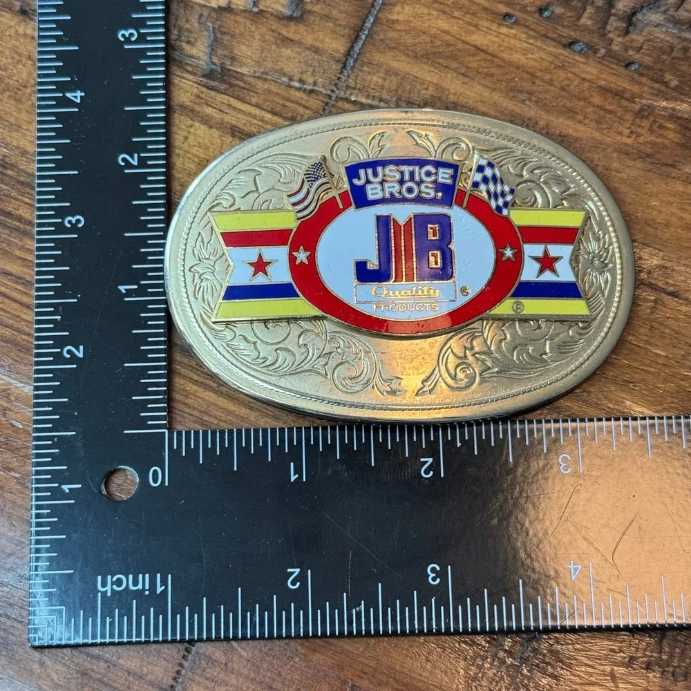 Vintage Justice Bros JB Racing Belt Buckle Gold‎ Tone Western Scrollwork Enamel